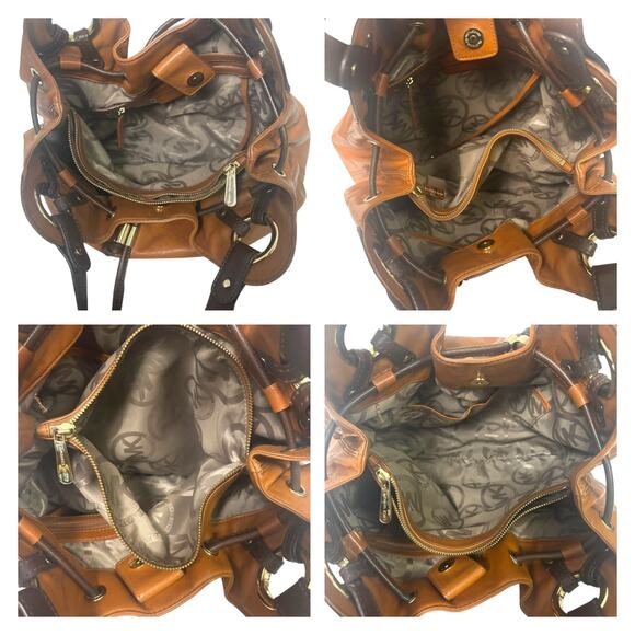 Michael Kors Drawstring Bucket Bag Phoebe Brown Tan Leather Handbag Hobo Purse - Picture 10 of 12